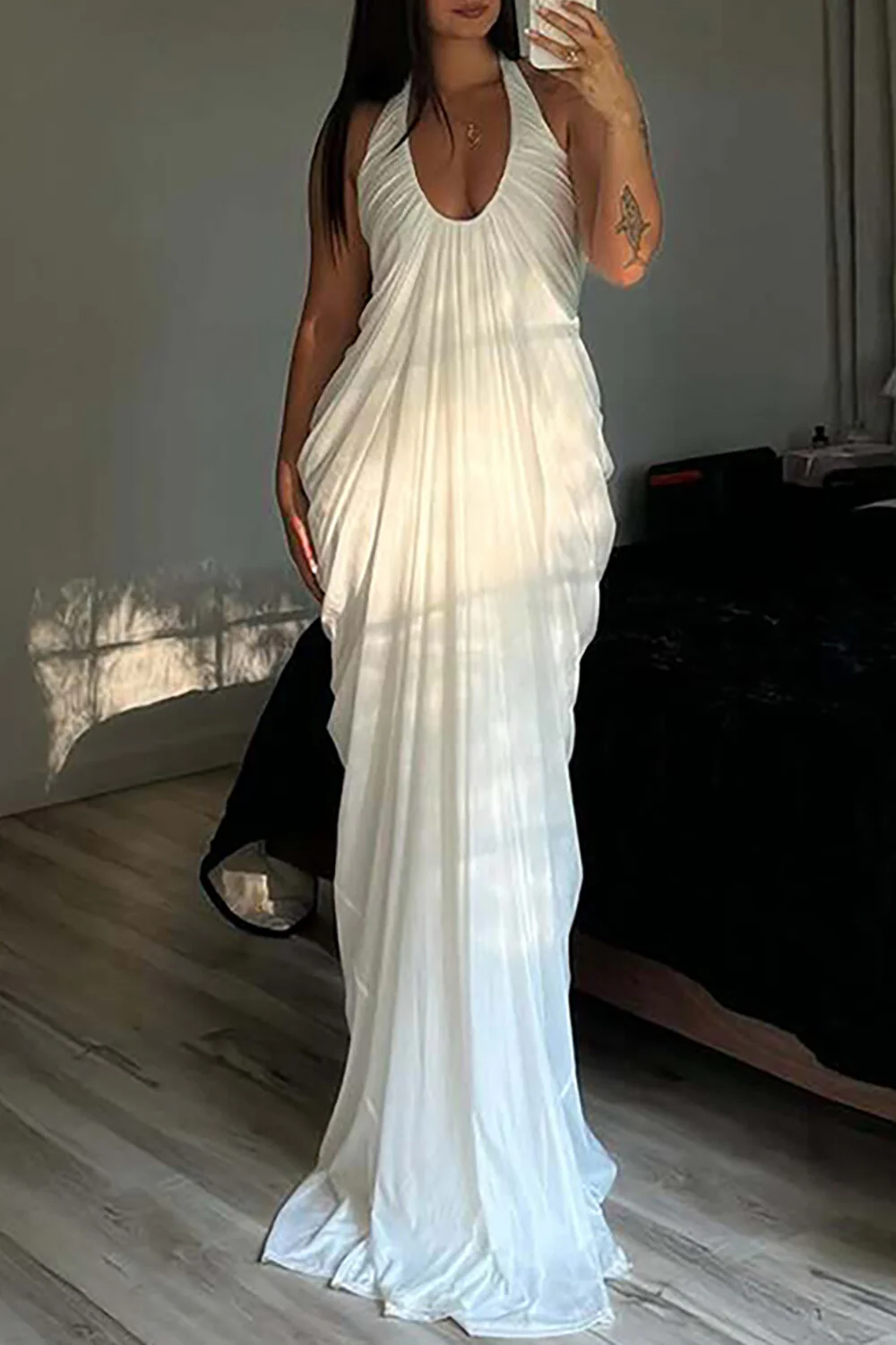 Deep V Neck Halter Ruched Solid Color Maxi Dresses-White - Image 4