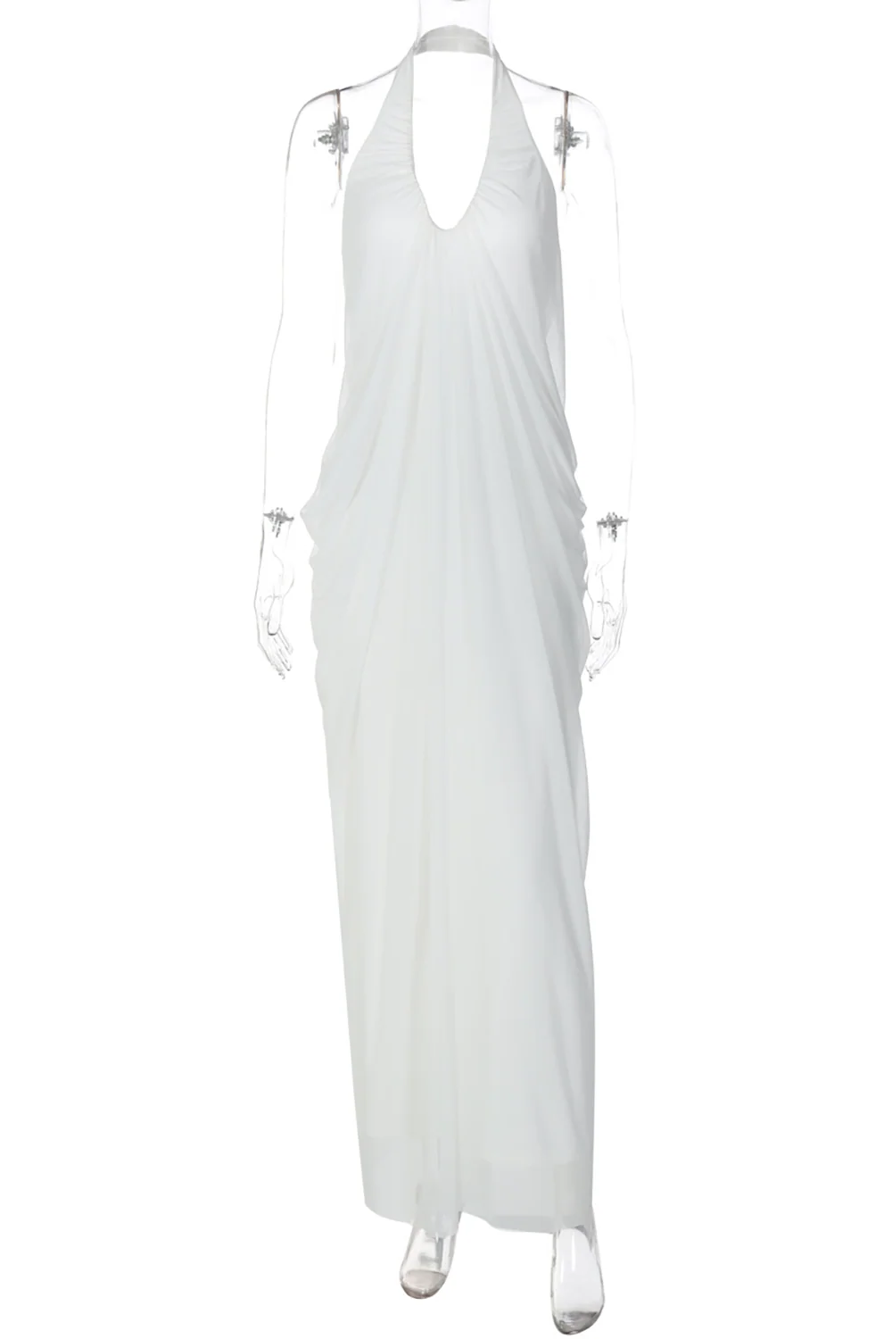 Deep V Neck Halter Ruched Solid Color Maxi Dresses-White - Image 5