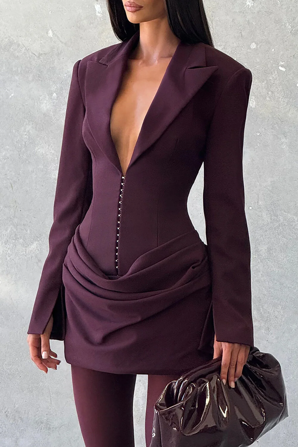 Deep V Neck Long Sleeve Cinch Waist Draped Design Blazer Mini Dresses-Purple - Image 2