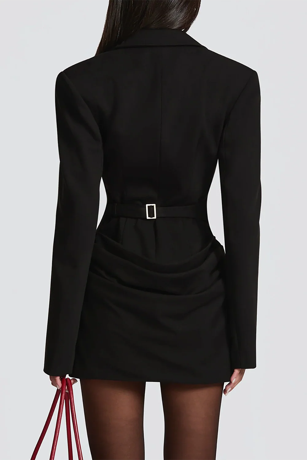 Deep V Neck Long Sleeve Cinch Waist Draped Design Blazer Mini Dresses-Purple - Image 5