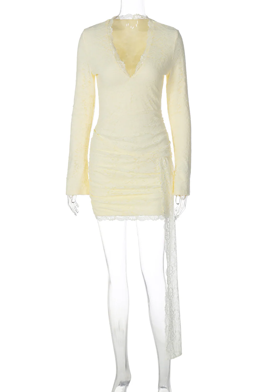 Deep V Neck Long Sleeve Lace Ruched Bodycon Streamer Mini Dresses-Yellow - Image 6