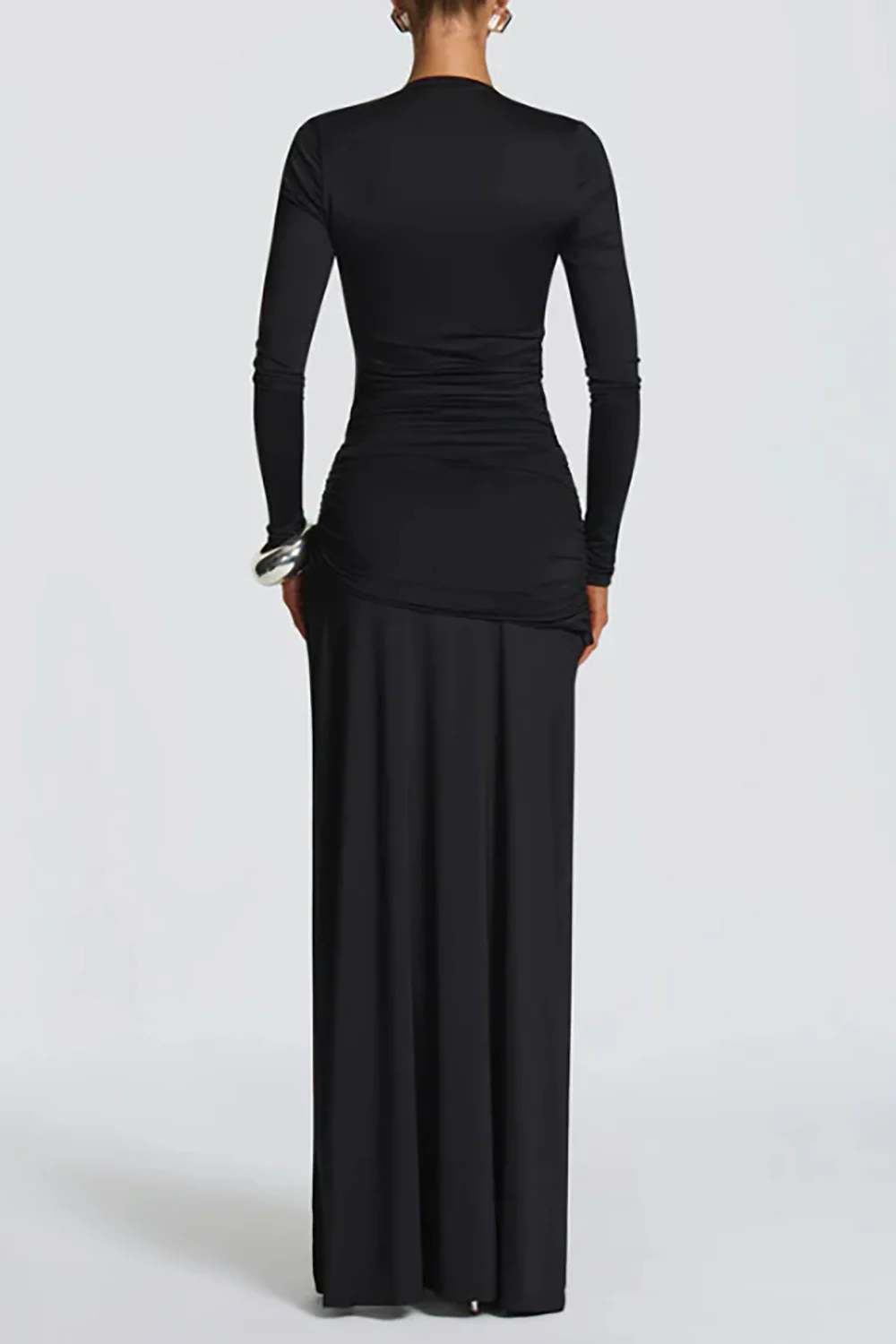 Deep V Neck Long Sleeve Ruched Slim Fit High Slit Maxi Dresses-Black - Image 3