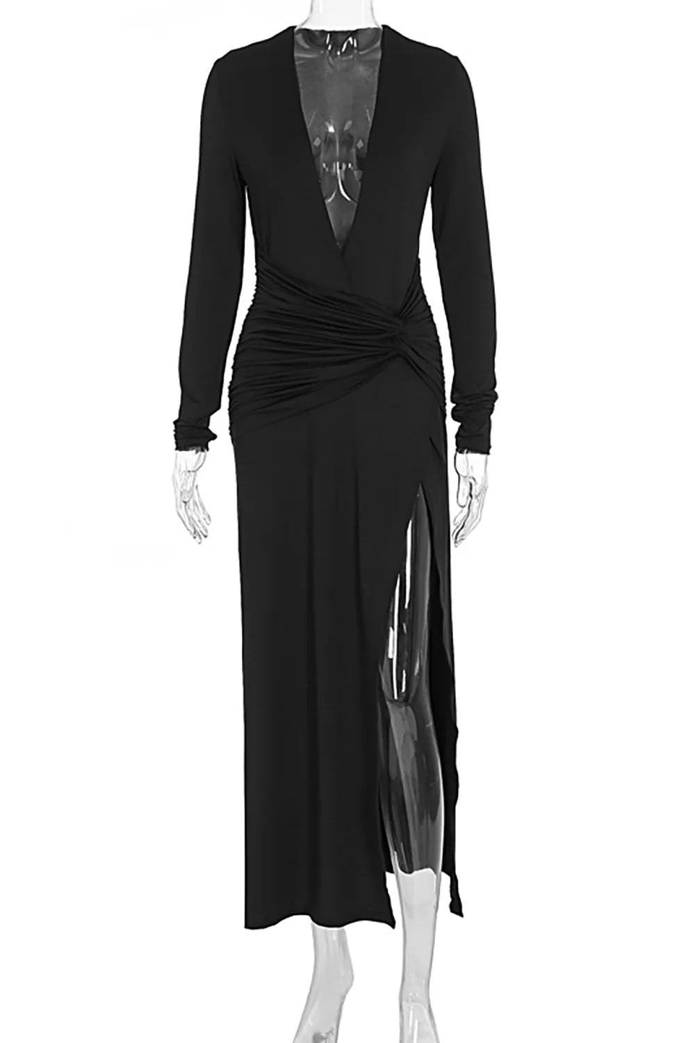 Deep V Neck Long Sleeve Ruched Slim Fit High Slit Maxi Dresses-Black - Image 4