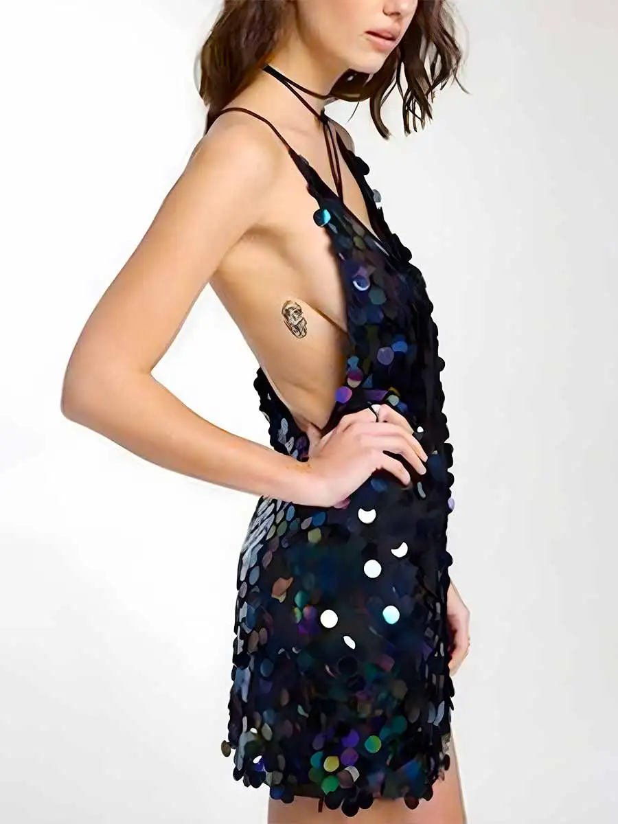 Sexy Deep V Neckline Black Sparkly Sequin Dress - Image 3