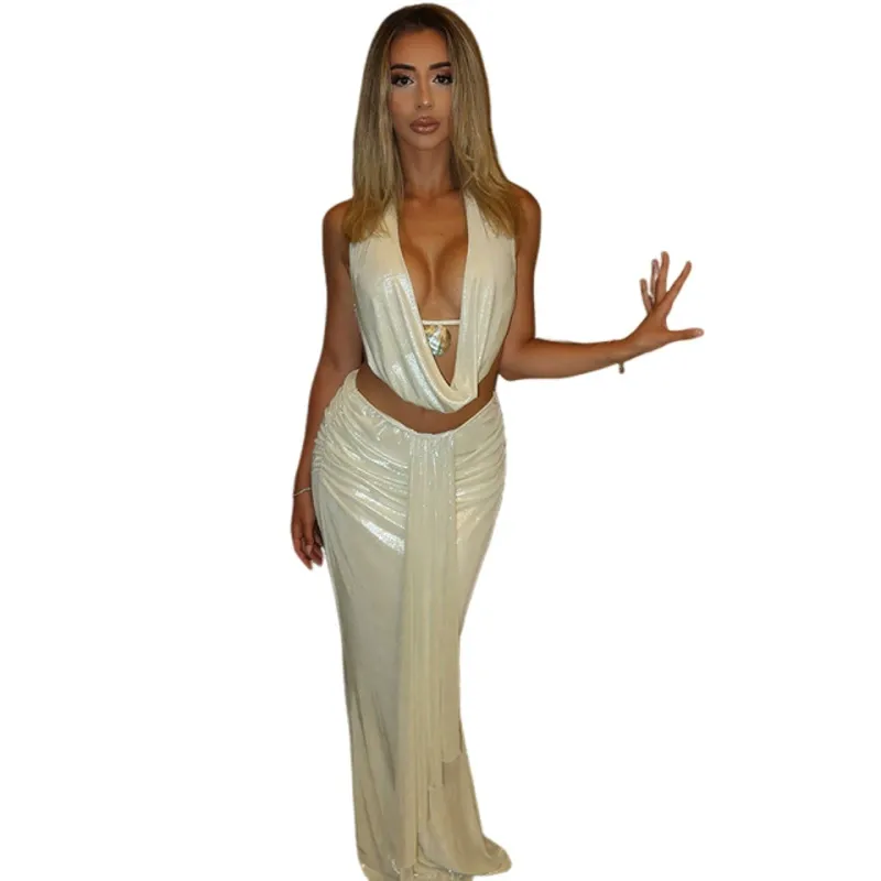 Diamante Straps Fringe Halter Top Sash Maxi Skirt 2pcs Set-Gray Pre Order - Image 5