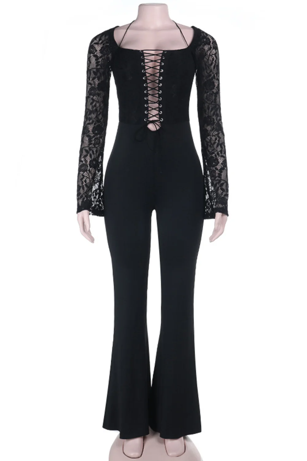 Eyelets Lace-Up Square Neck Lace Patchwork Slim Jumpsuit-Black - Image 6