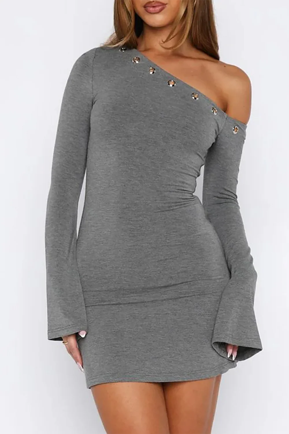 Eyelets Trim Skew Neck Flare Sleeve Plain Slim Fit Mini Dresses-Grey - Image 2