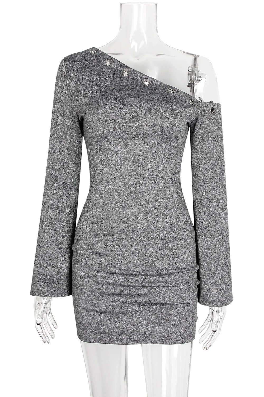 Eyelets Trim Skew Neck Flare Sleeve Plain Slim Fit Mini Dresses-Grey - Image 8