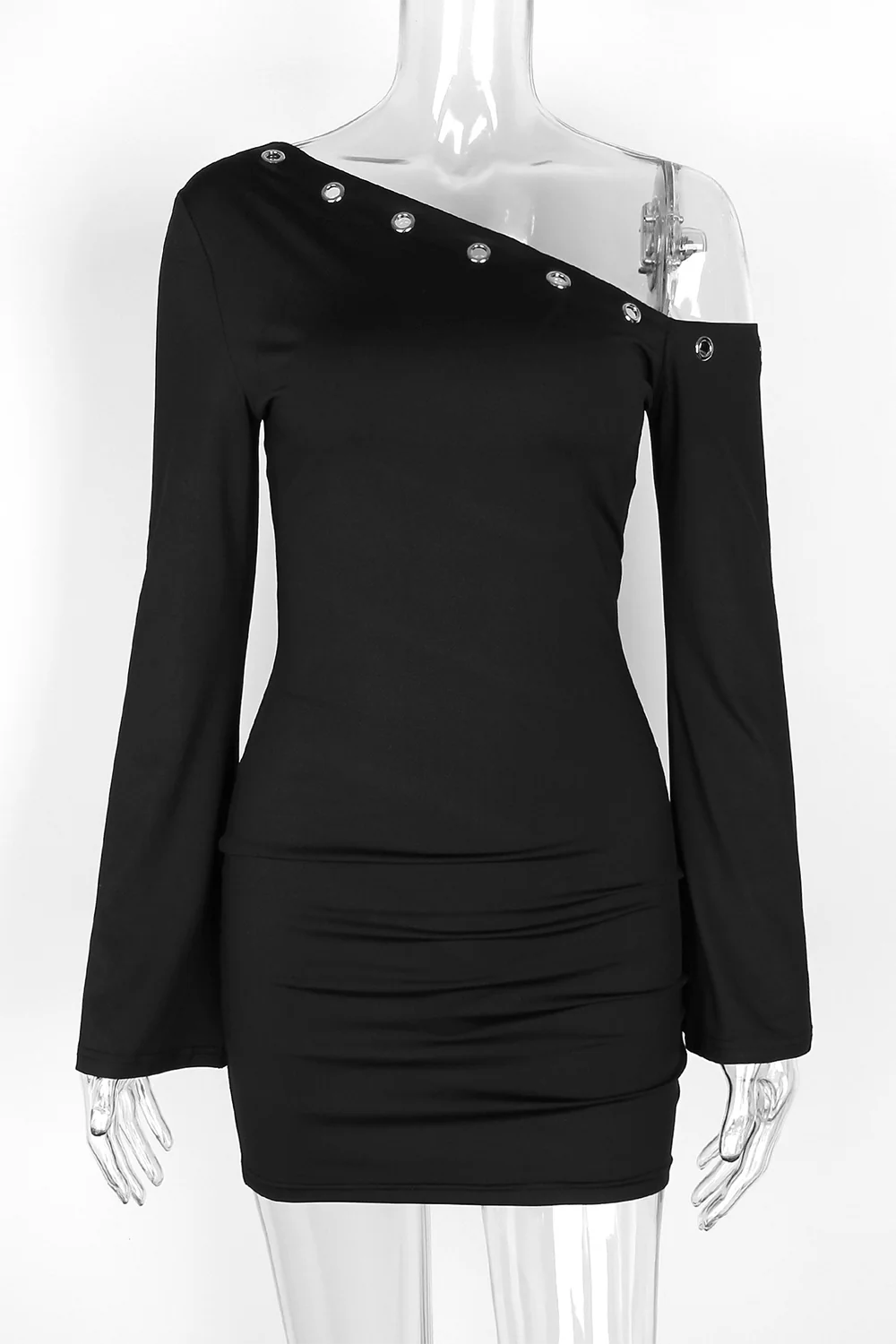 Eyelets Trim Skew Neck Flare Sleeve Plain Slim Fit Mini Dresses-Grey - Image 9