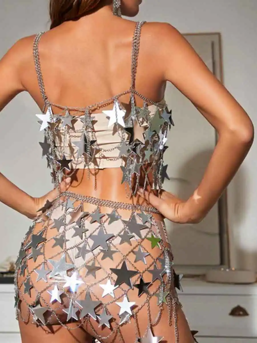 Star Sequin Skirt + Star Chainmail Top - Silver Shiny Suit - Image 2