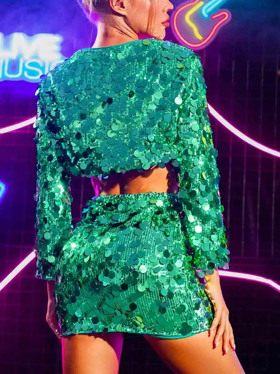 Stylish Green Sequin Long Sleeve Jacket Top - Image 2
