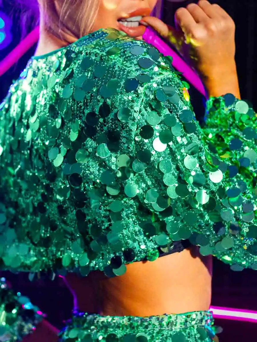 Stylish Green Sequin Long Sleeve Jacket Top - Image 5