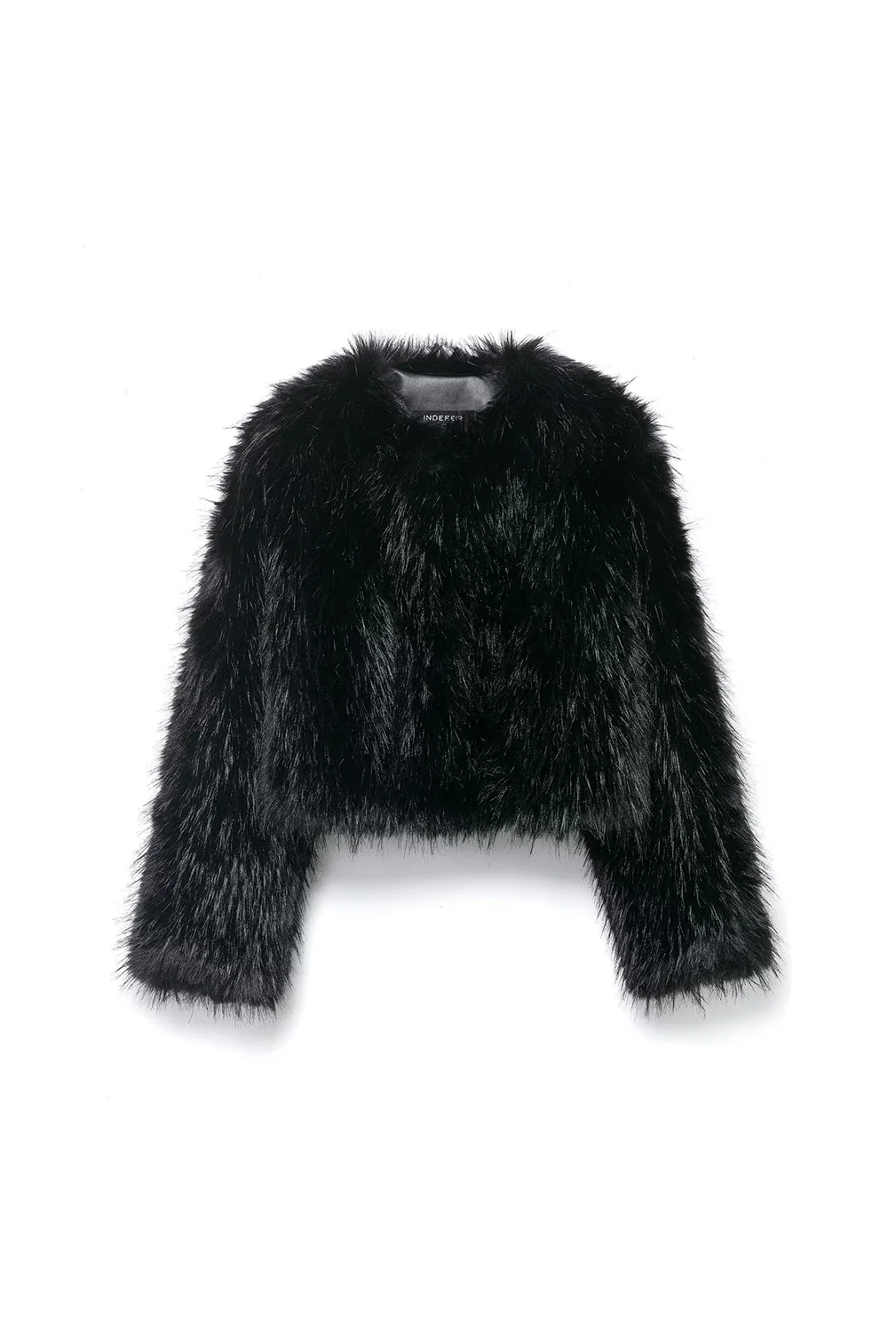 Faux Fur Long Sleeve Solid Color Fuzzy Crop Jacket-Black - Image 3
