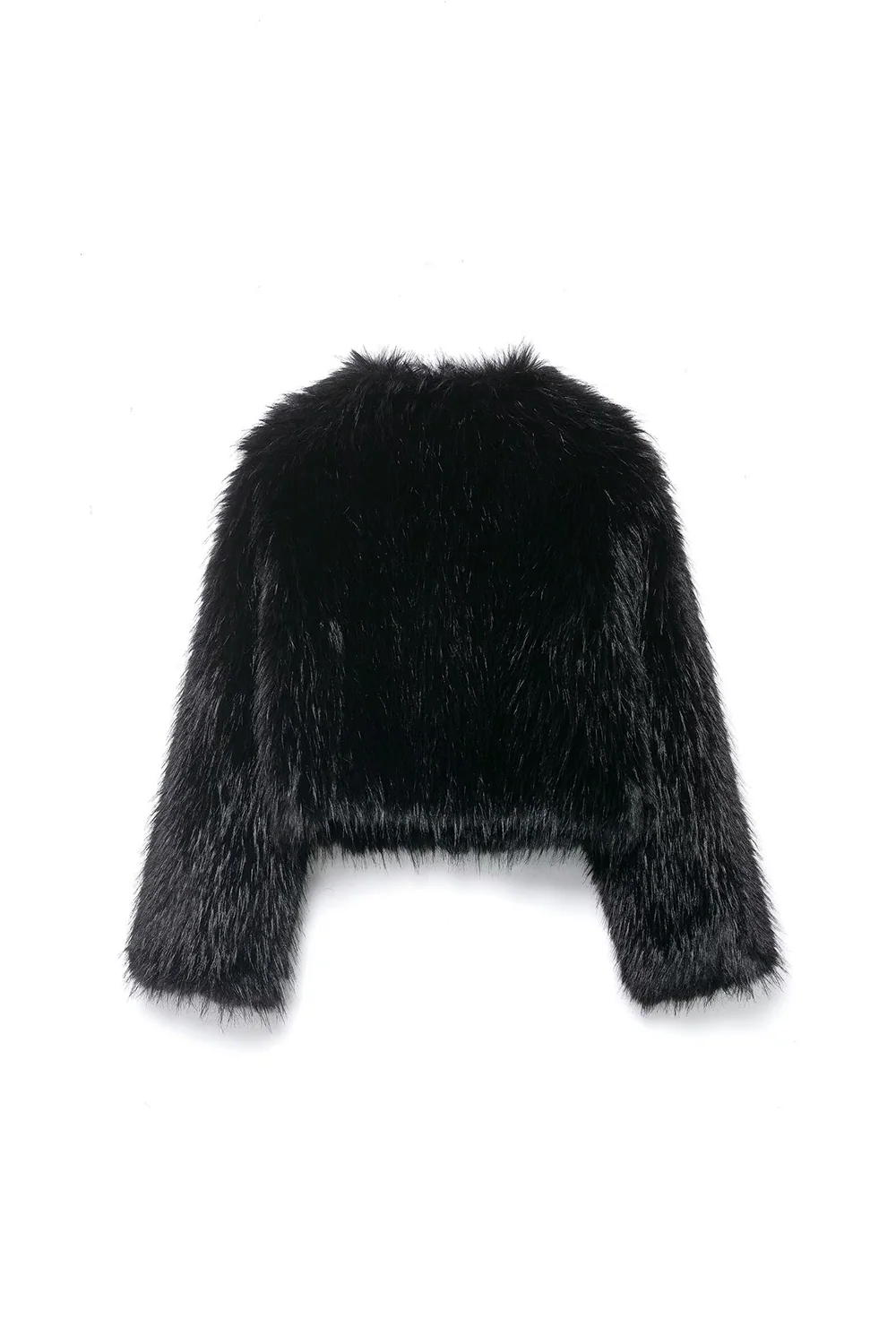 Faux Fur Long Sleeve Solid Color Fuzzy Crop Jacket-Black - Image 4