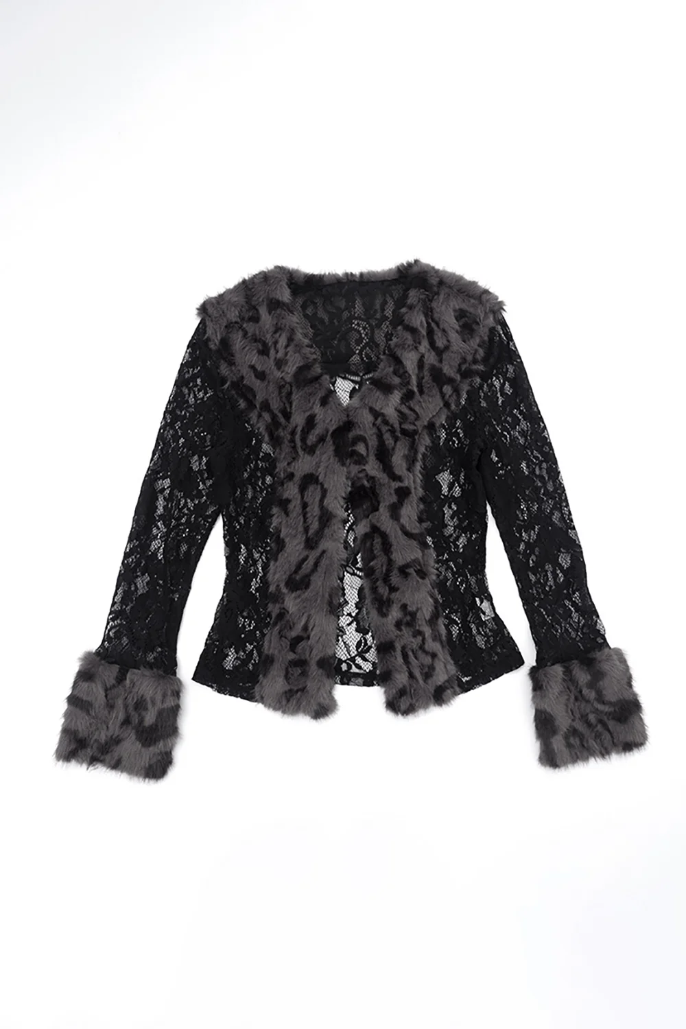 Faux Fur Patchwork Floral Lace Long Sleeve See Through Cardigan-Black - Image 5
