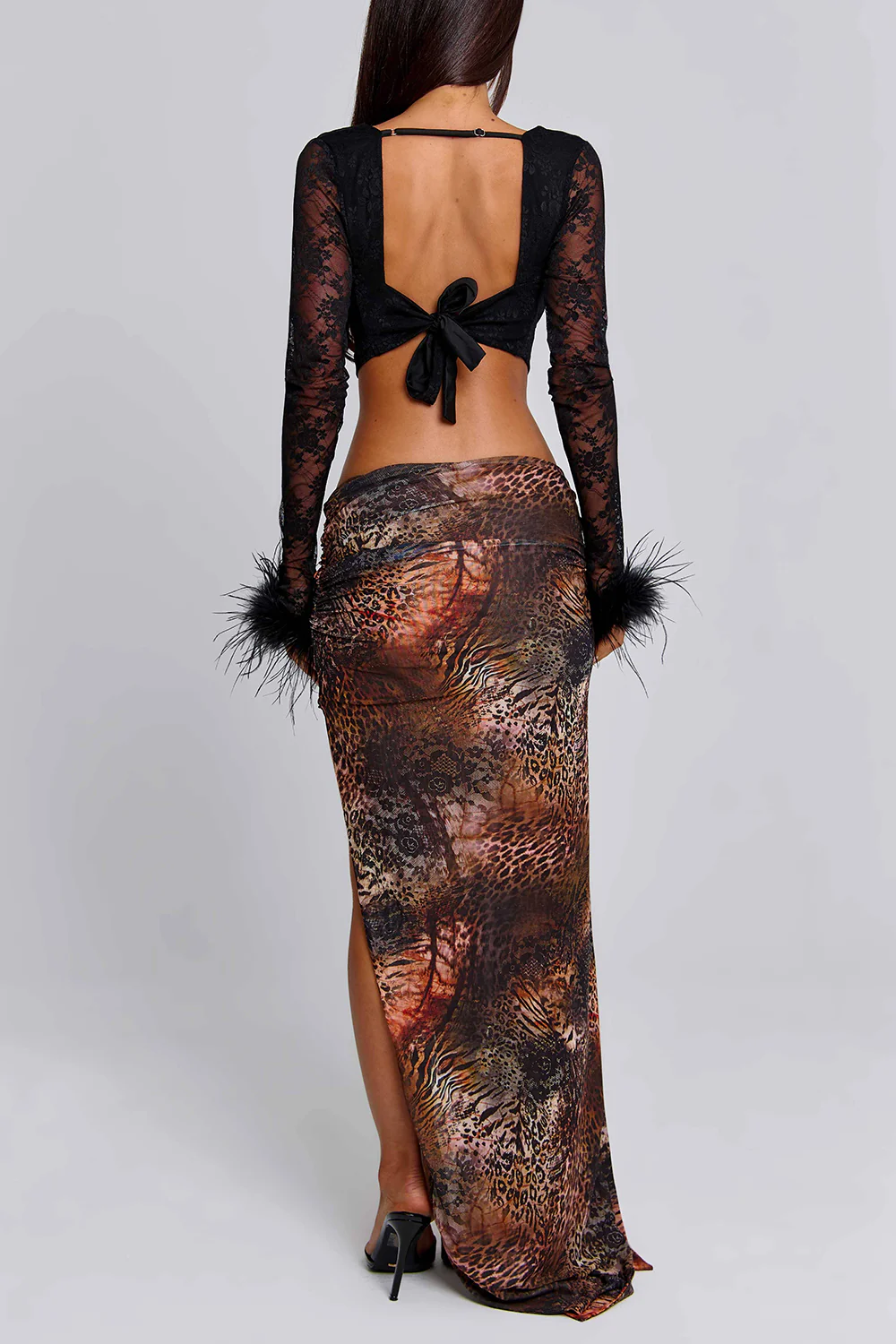 Feather Cuff Crop Top Print Asymmetric Maxi Skirt 2pcs Set-Black Pre Order - Image 3