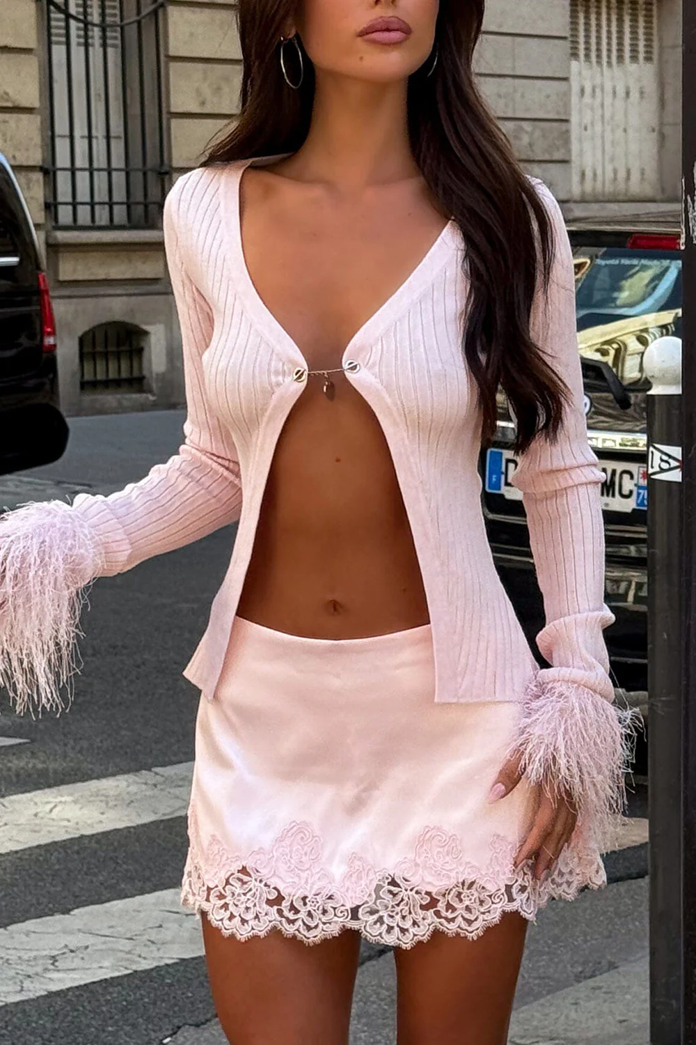 Feather Cuff Knit Cardigan Lace Trim Mini Skirt 2pcs Set-Pink Pre Order - Image 2