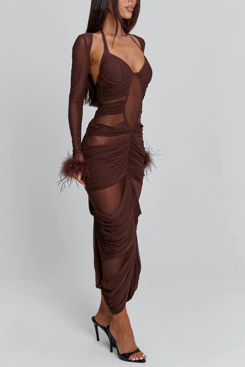 Feather Hem Bolero Halter Mesh Maxi Skirt Party 2pcs Set-Brown Pre Order - Image 2