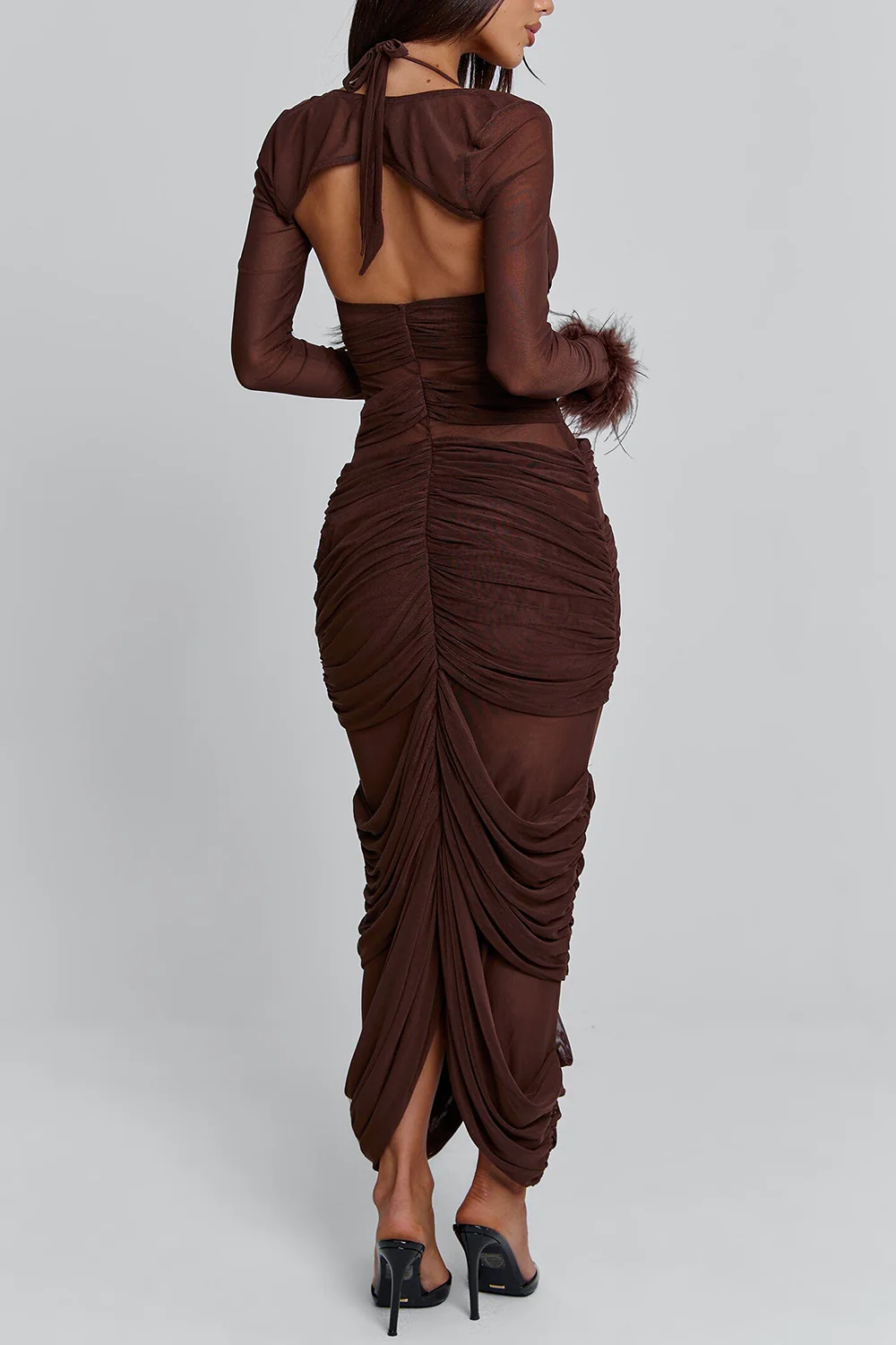 Feather Hem Bolero Halter Mesh Maxi Skirt Party 2pcs Set-Brown Pre Order - Image 3