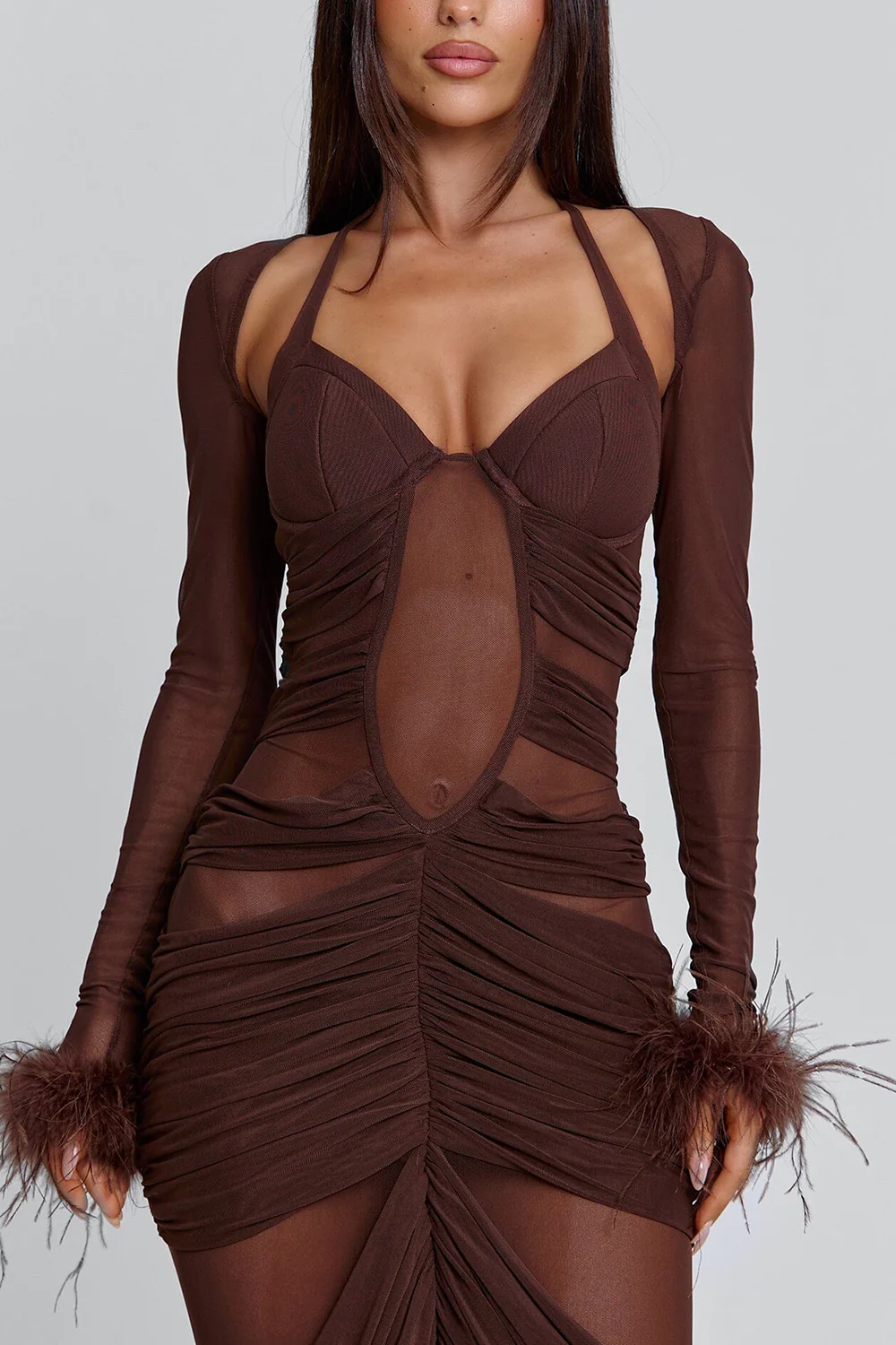 Feather Hem Bolero Halter Mesh Maxi Skirt Party 2pcs Set-Brown Pre Order - Image 4