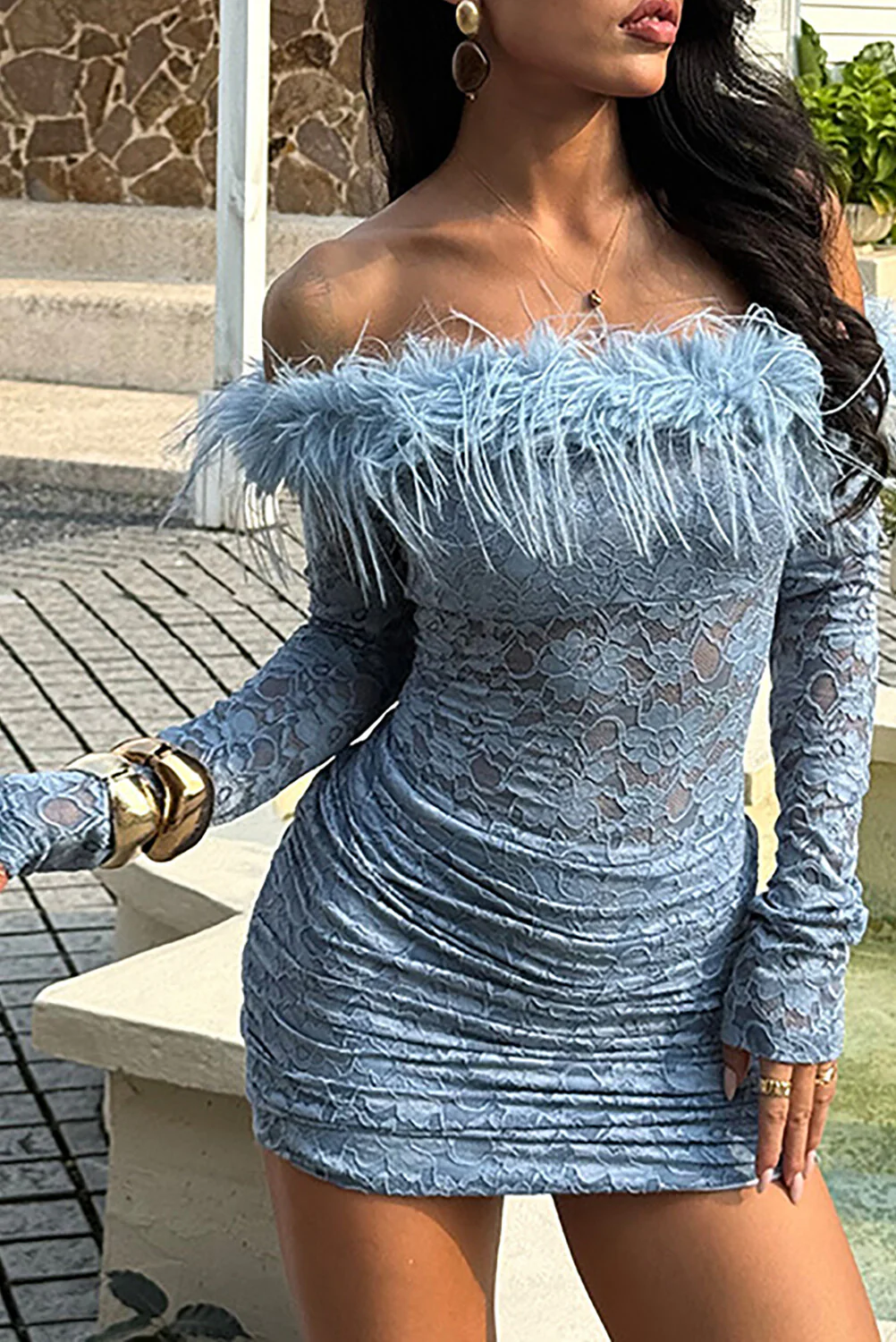 Feather Trim Off Shoulder Lace Long Sleeve Ruched Bodycon Mini Dresses-Blue - Image 3