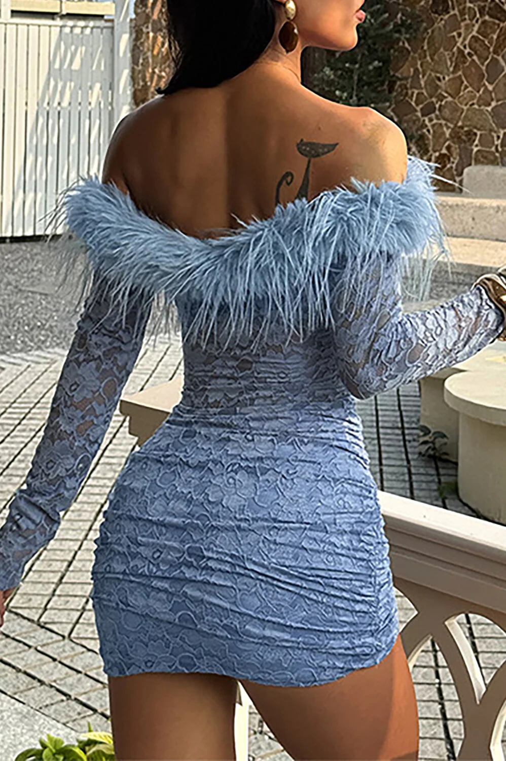 Feather Trim Off Shoulder Lace Long Sleeve Ruched Bodycon Mini Dresses-Blue - Image 4