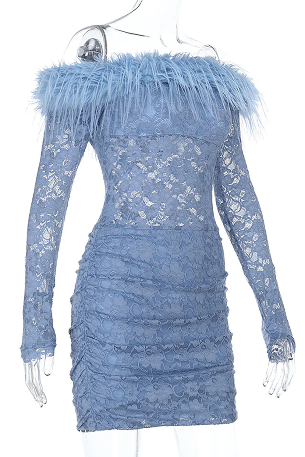 Feather Trim Off Shoulder Lace Long Sleeve Ruched Bodycon Mini Dresses-Blue - Image 6