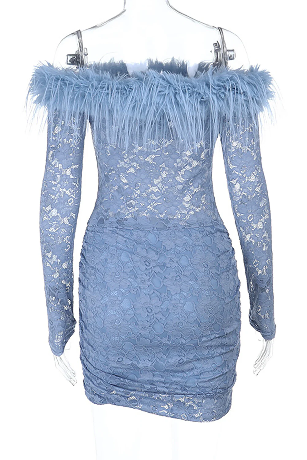 Feather Trim Off Shoulder Lace Long Sleeve Ruched Bodycon Mini Dresses-Blue - Image 7