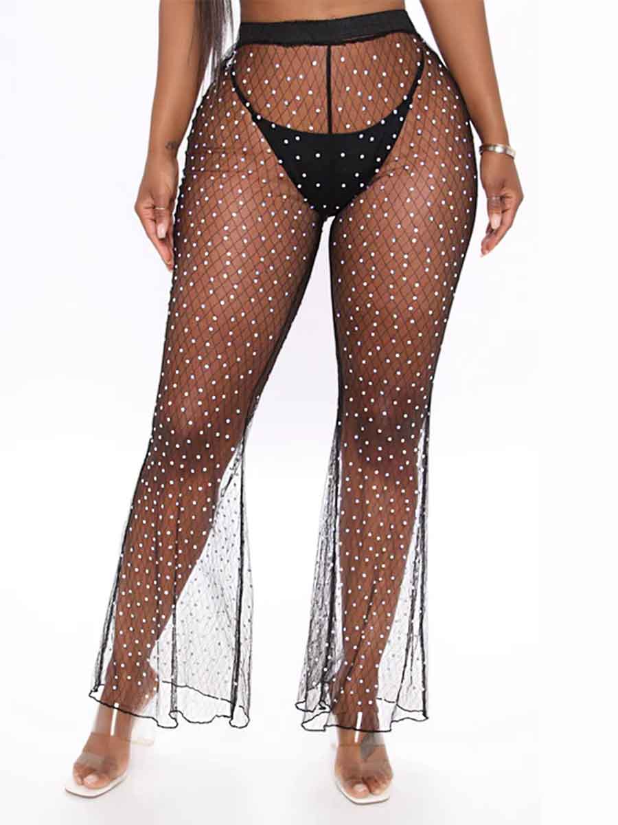 Rhinestone Mesh Cover Pants �Flare Crystal Pantsuit - Image 3