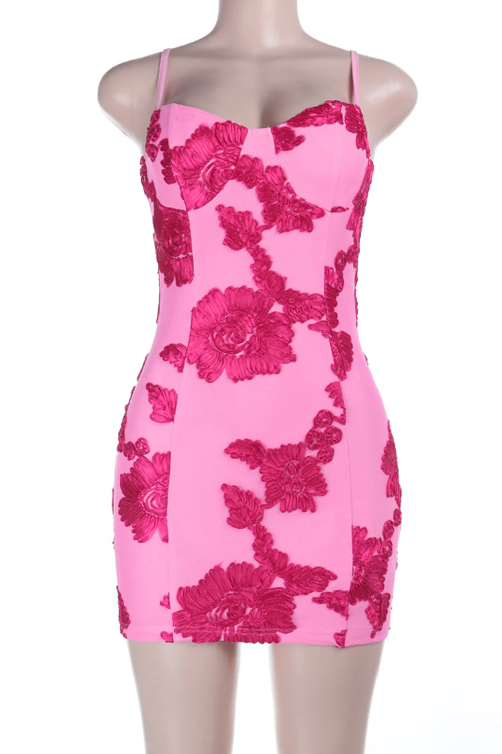 Floral Appliques Spaghetti Strap Bodycon Mini Dresses-Pink - Image 5