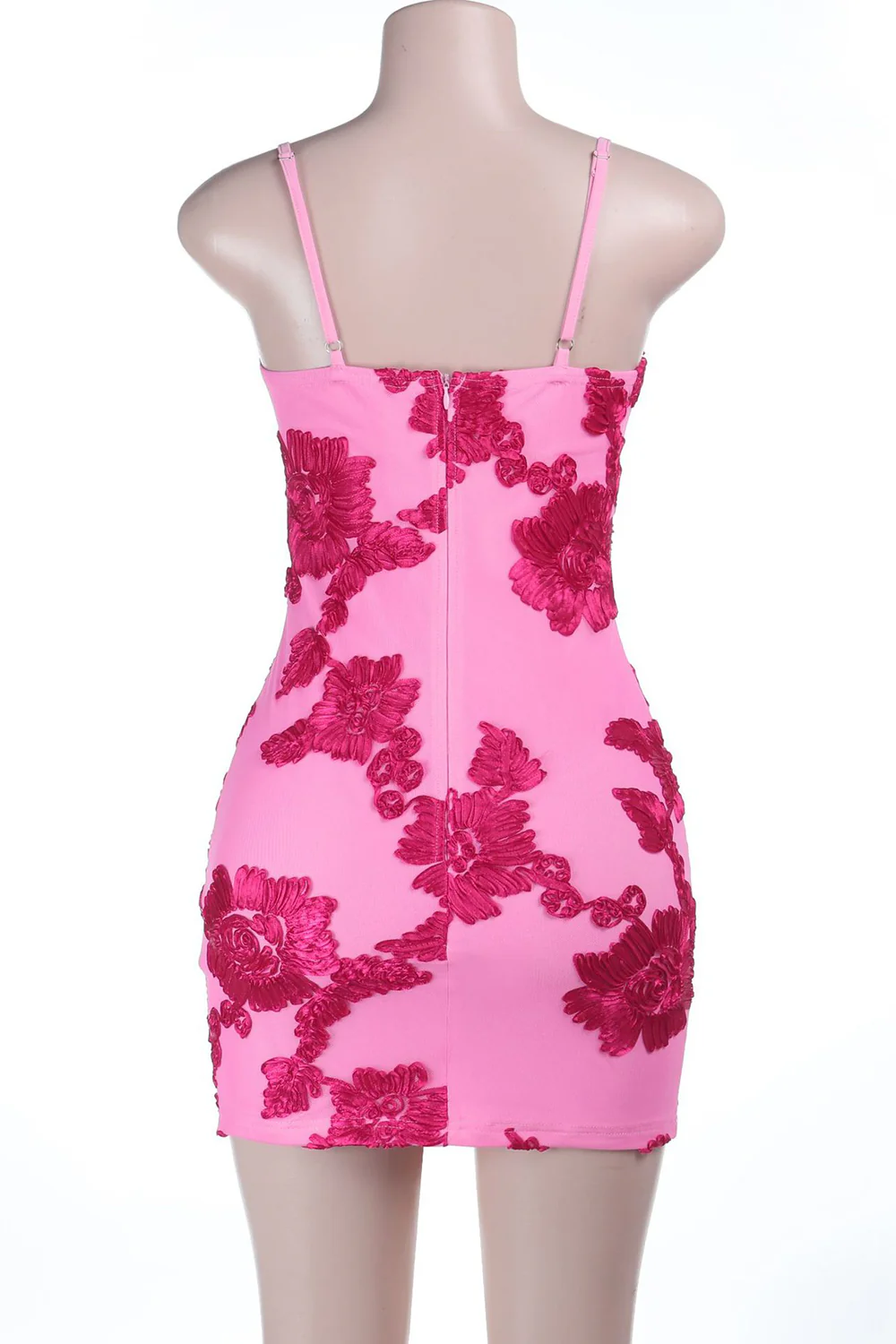 Floral Appliques Spaghetti Strap Bodycon Mini Dresses-Pink - Image 6