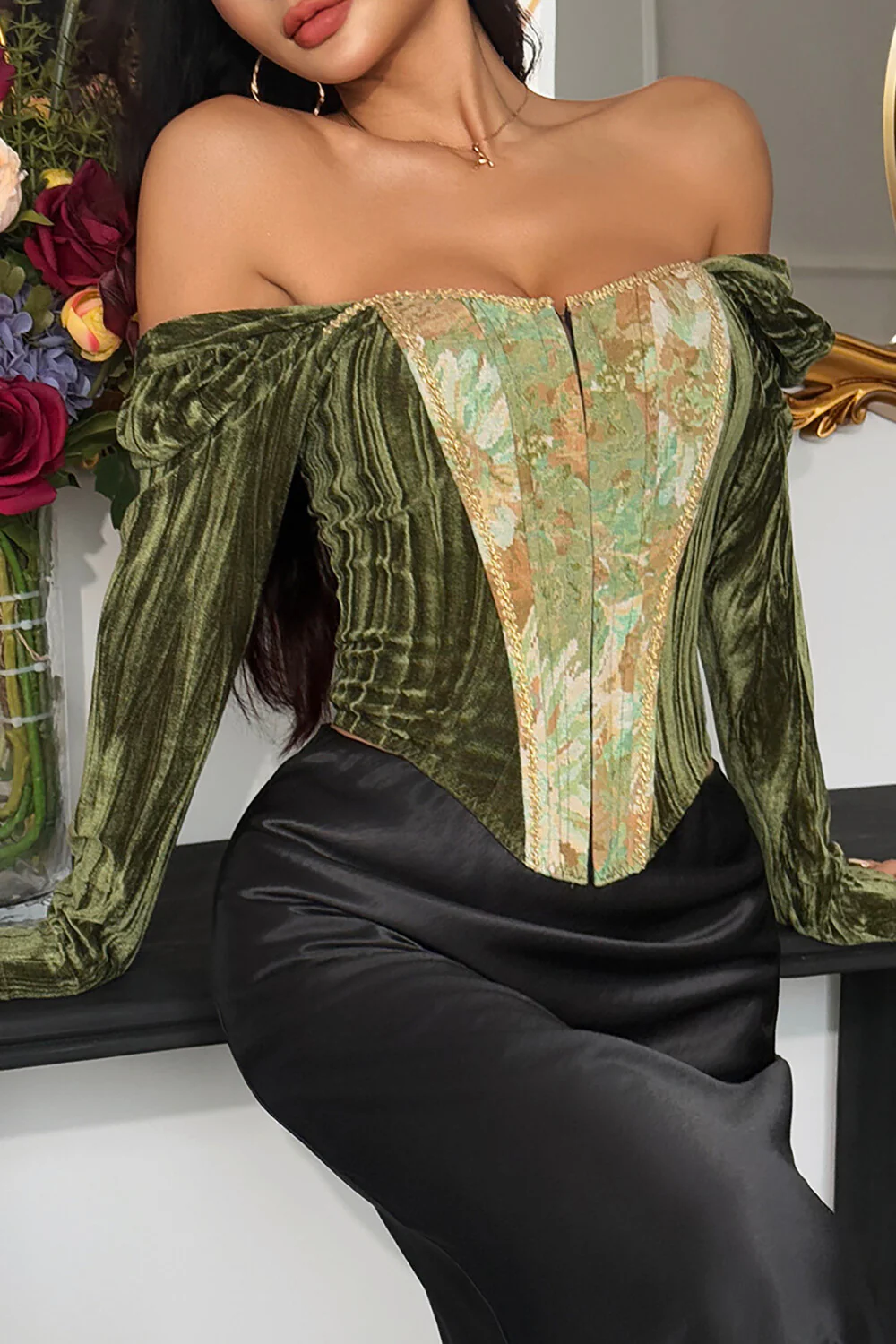 Floral Pattern Patchwork Velvet Long Sleeve Corset-Green - Image 4