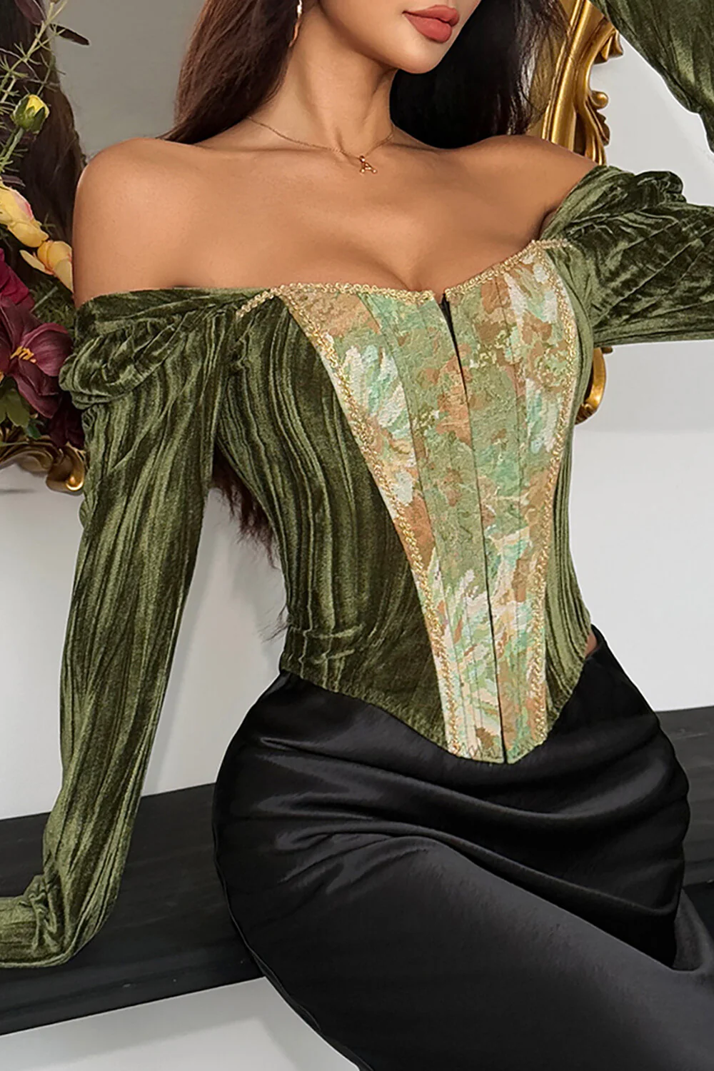 Floral Pattern Patchwork Velvet Long Sleeve Corset-Green - Image 5