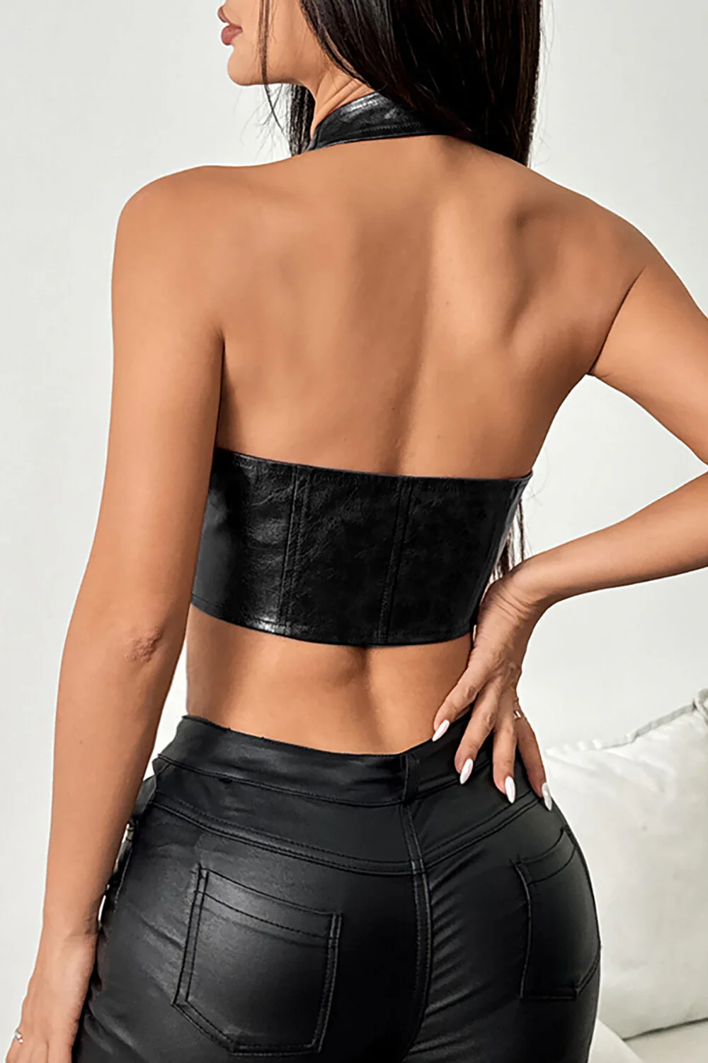 Front Lace Up Deep V Neck PU Leather Halter Crop Top Brown - Image 11