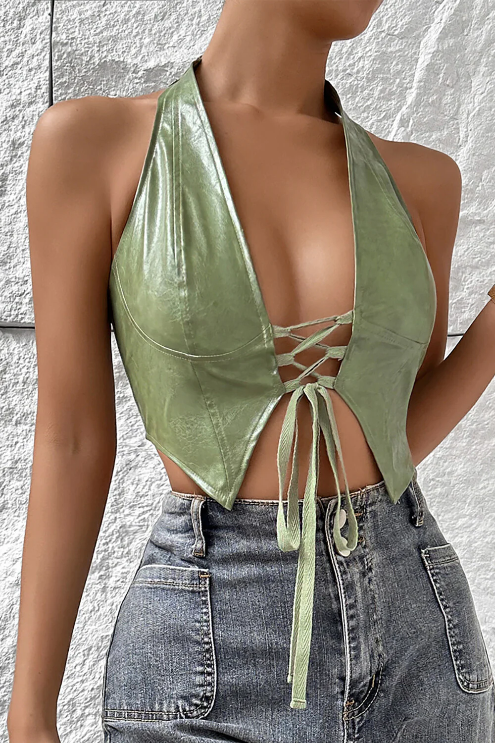 Front Lace Up Deep V Neck PU Leather Halter Crop Top Brown - Image 14