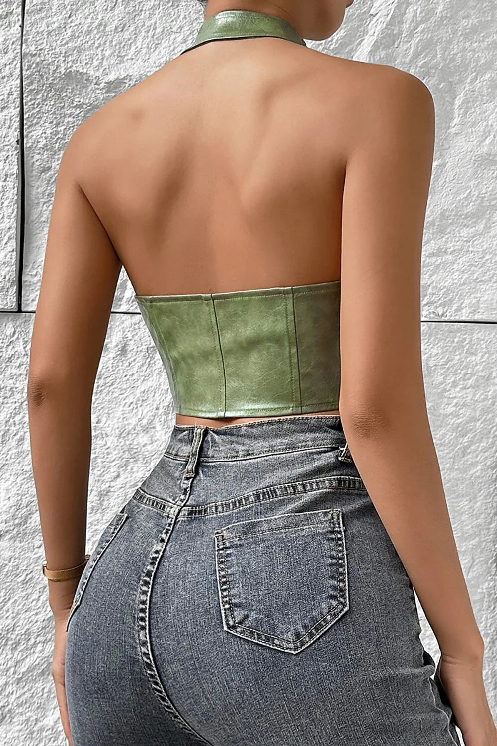Front Lace Up Deep V Neck PU Leather Halter Crop Top Brown - Image 16