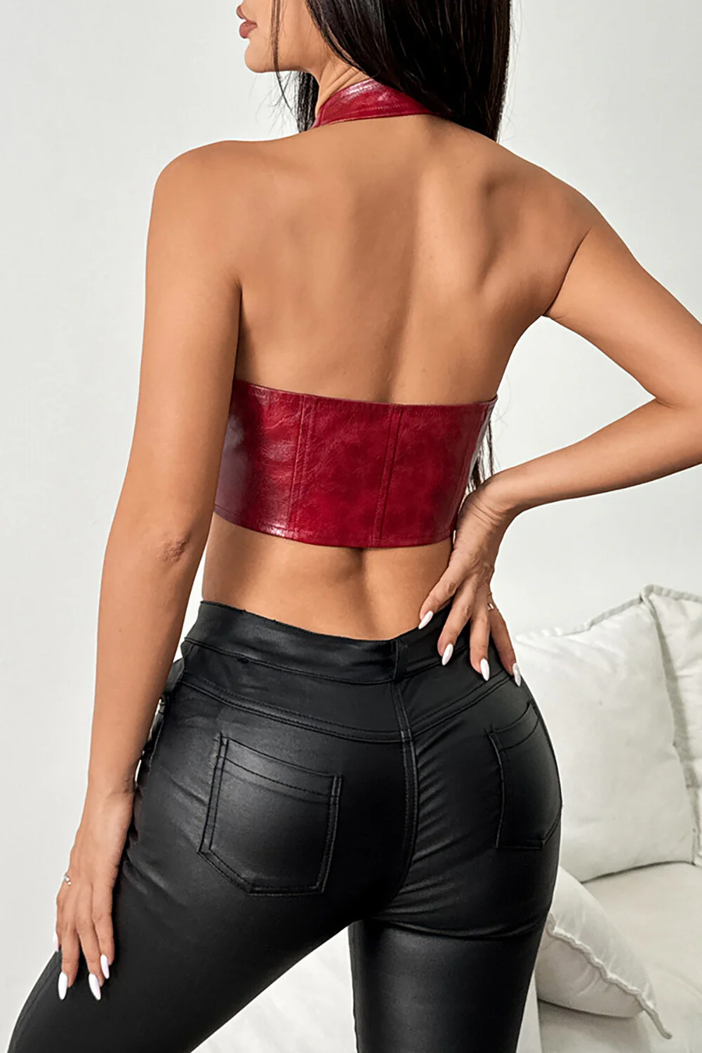 Front Lace Up Deep V Neck PU Leather Halter Crop Top Brown - Image 7