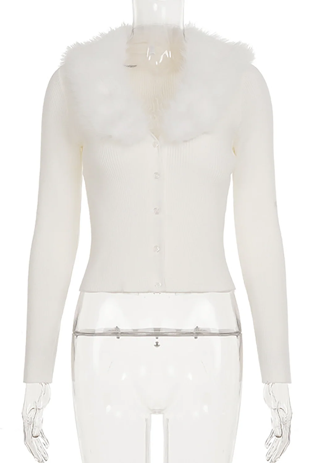 Furry Patchwork Knit V Neck Long Sleeve Button Up Sweater Cardigan-OffWhite - Image 5