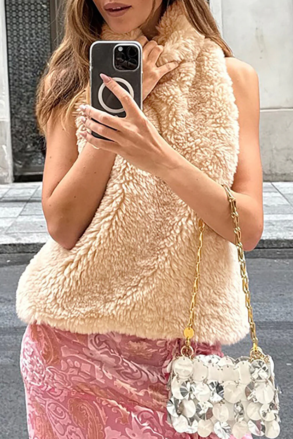 Furry Turtleneck Sleeveless Solid Color Casual Vest-Beige - Image 3