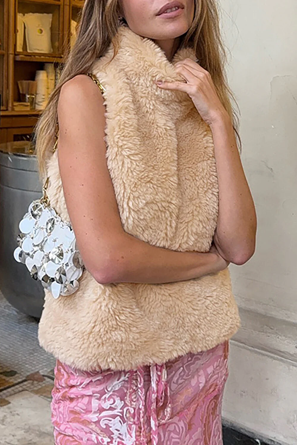 Furry Turtleneck Sleeveless Solid Color Casual Vest-Beige - Image 4