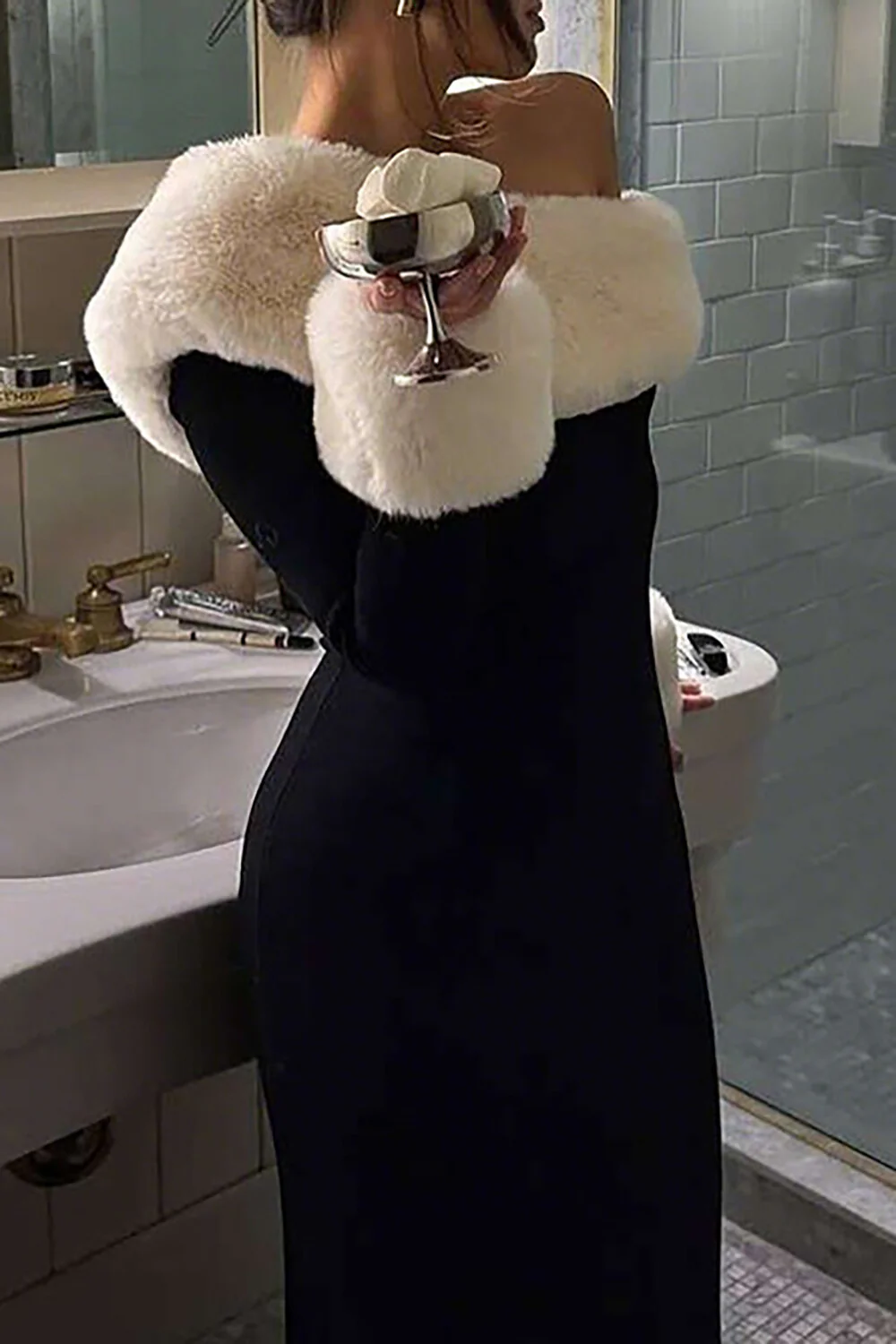 Fuzzy Patchwork Off Shoulder Slim Fit Colorblock Maxi Dresses-Black - Image 3