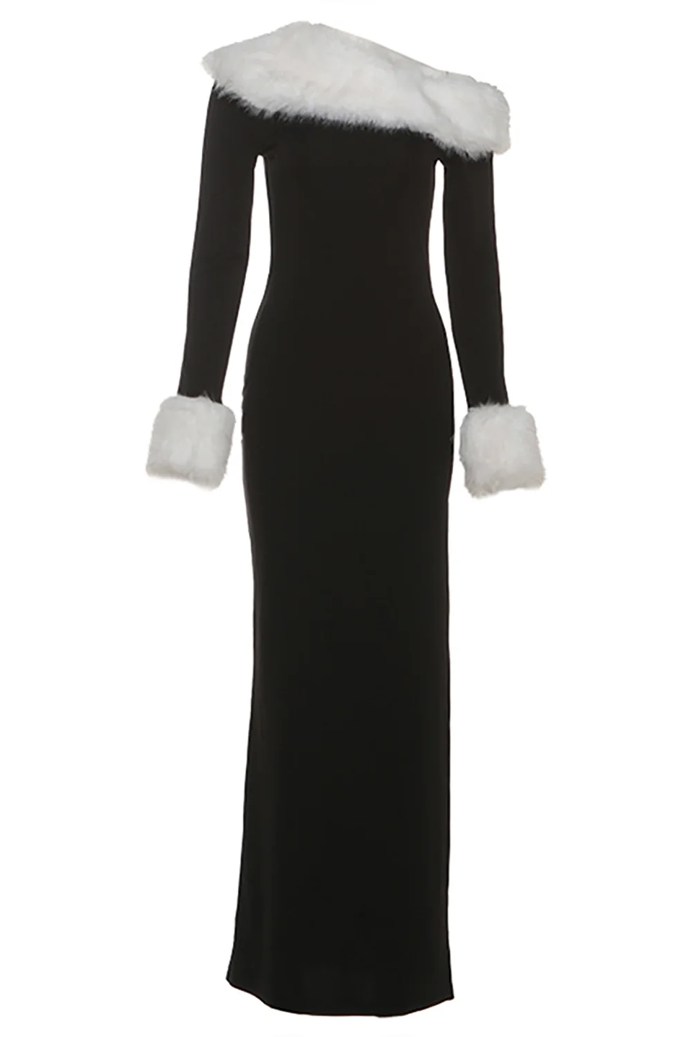 Fuzzy Patchwork Off Shoulder Slim Fit Colorblock Maxi Dresses-Black - Image 4