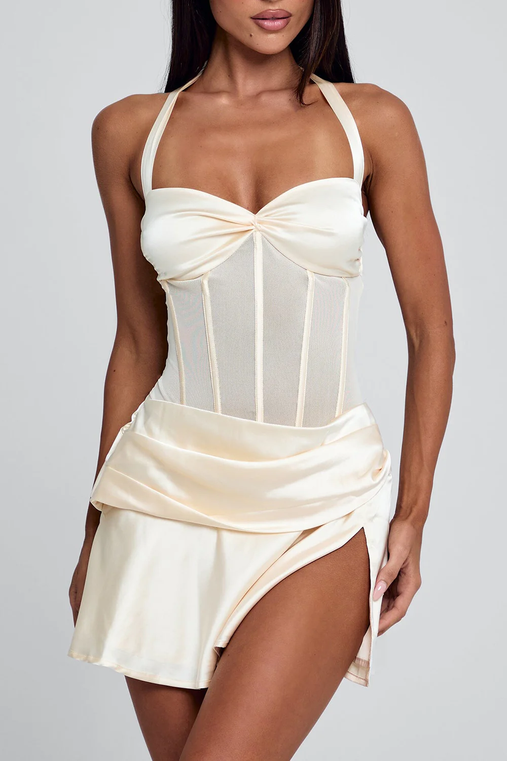 Gathered Halter Corset Wrinkle Layered Slit Mini Dresses-Beige Pre Order - Image 2