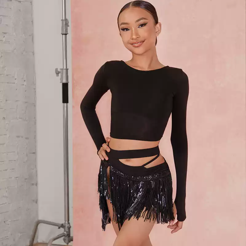Girls Black Long-sleeved Dance Practice Tops Dancewear - Image 3