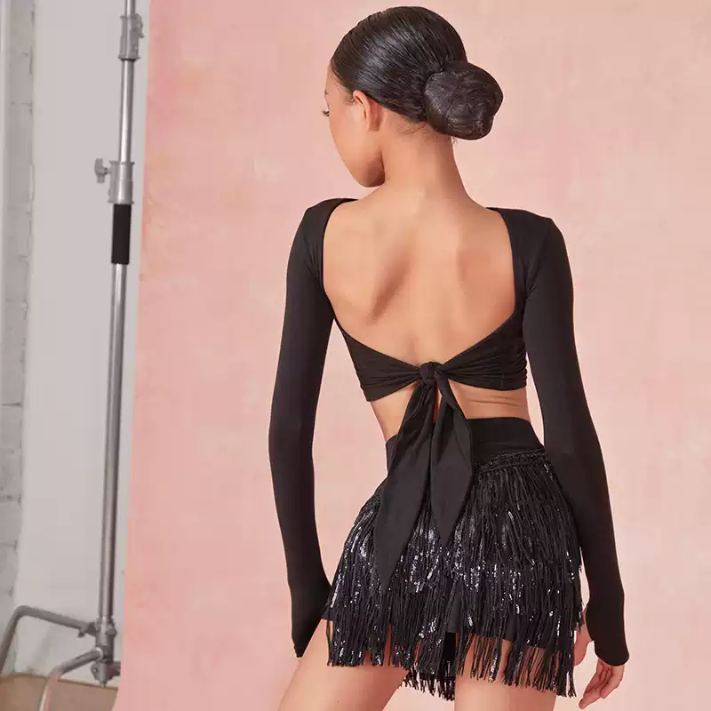 Girls Black Long-sleeved Dance Practice Tops Dancewear - Image 5