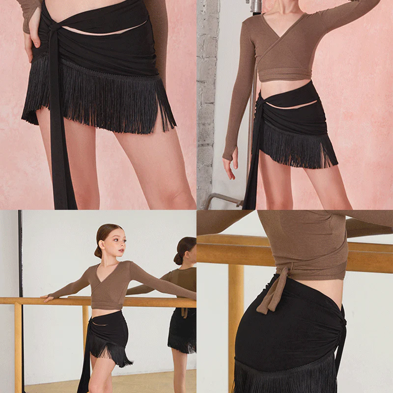 Girls Black Tassel Swing Dance Srts Practice Dancewear - Image 5