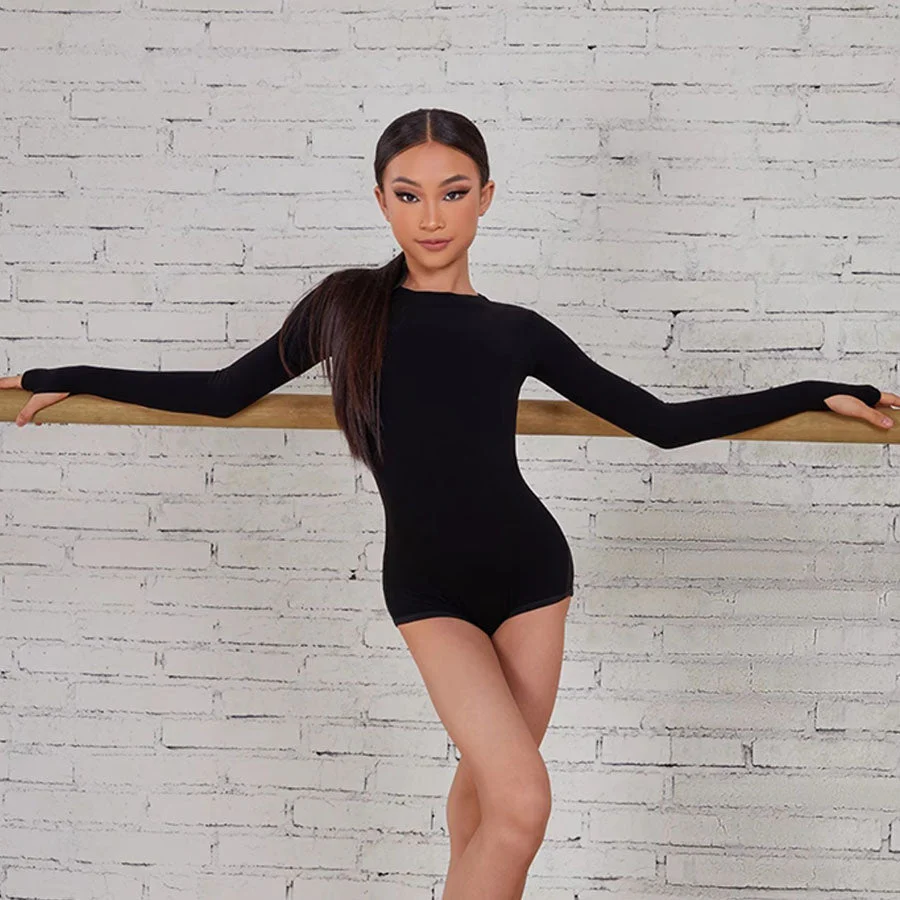 Girls Black Long-sleeved Dancewear Practice Tops Bodysuit - Image 3