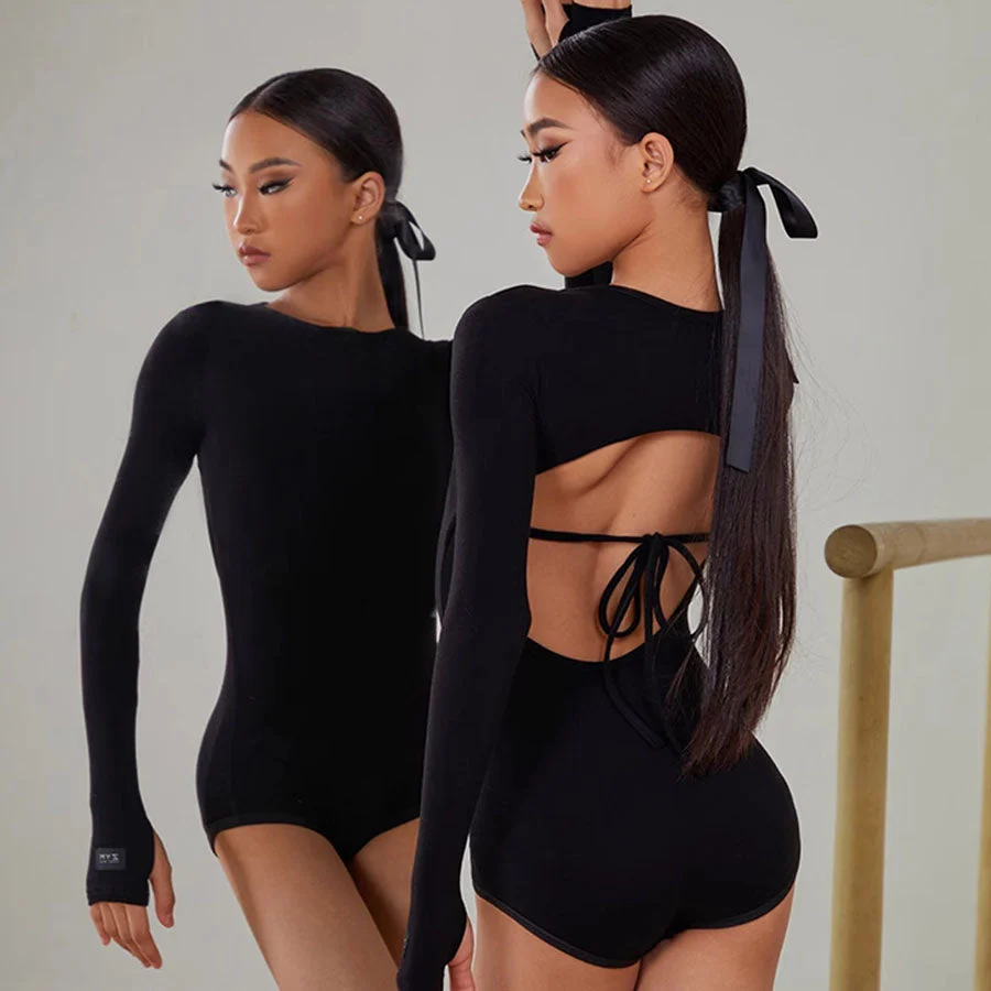 Girls Black Long-sleeved Dancewear Practice Tops Bodysuit - Image 5