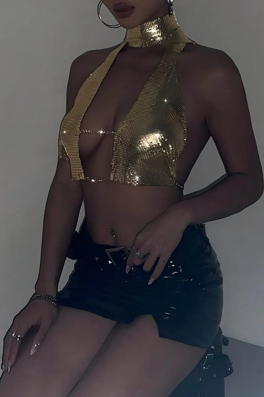 Glittering Sequin High Neck Halter Backless Front Open Party Crop Top Gold - Image 6