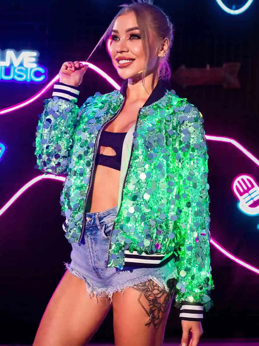 New Luminous Green Sequin Jacket Top - Image 3